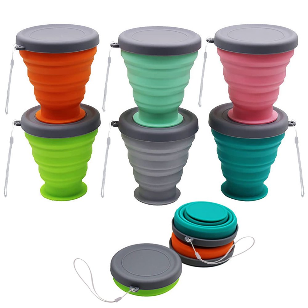 JIELUO Collapsible Silicone Cup - 6 Piece Collapsible Silicone cup with Lid, Expandable Drinking Glasses Set, Reusable cup, Suitable for Camping and Hiking