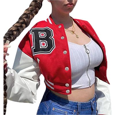 ACEFAST INC Womens Crop Varsity Jacket Letterman Baseball Jacket Bomber Vintage Y2k Streetwear Short Coat