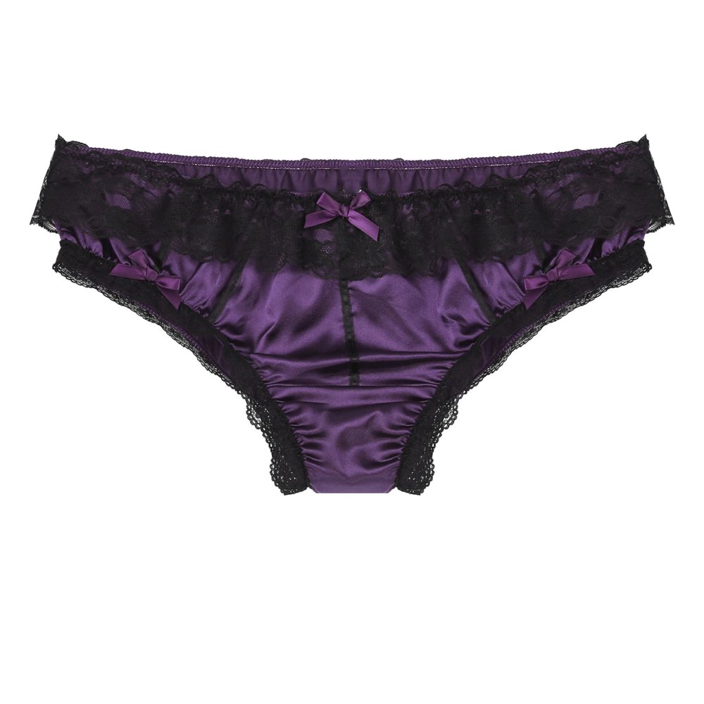 Oyolan Men Silky Satin Sissy Panties Frilly Lace Cheeky Knickers Crossdressing Underwear Feminine Briefs Purple Medium