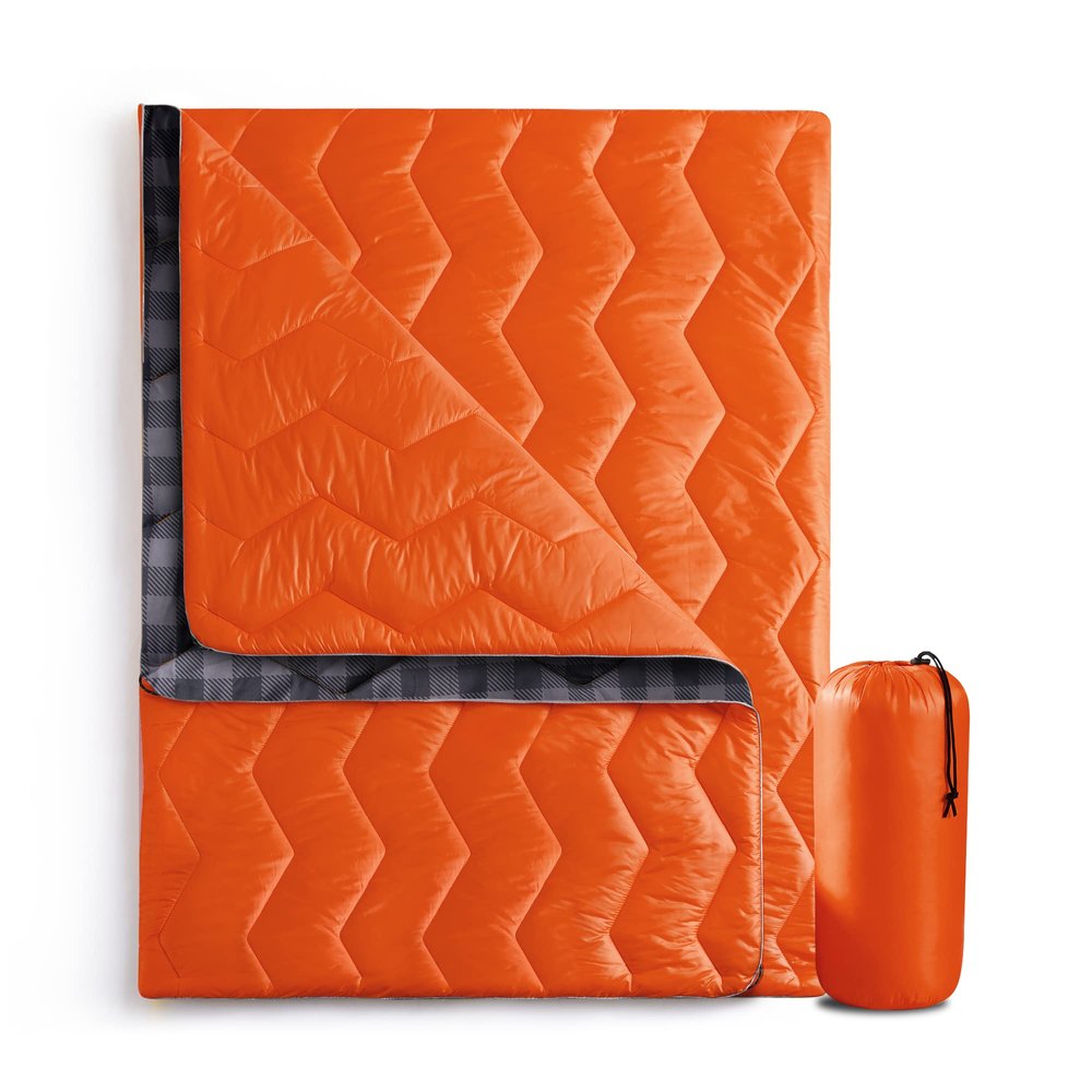 UNIKOME Waterproof Puffy Camping Blanket - Lightweight Packable Outdoor Quilt with Corner Loops, Warm Compact Blanket for Cold Weather Hiking Picnic Stadium Travel, 75"52", Orange