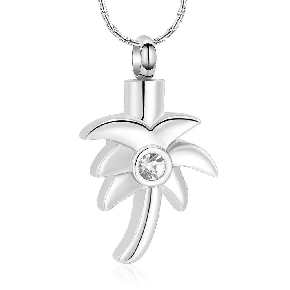 constantlife Cremation Necklace for Ashes Palm Tree Stainless Steel Inlaid Crystal Memorial Urn Pendant Loved Ones Human Pets Keepsake Jewelry (White)