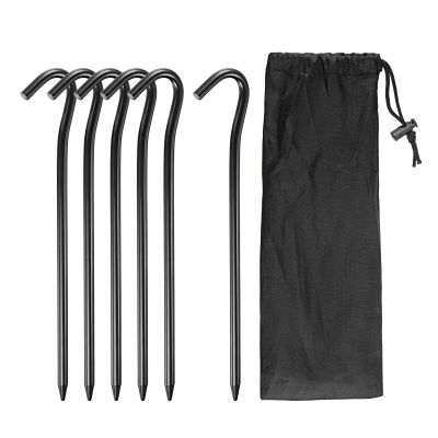 MECCANIXITY Tent Stakes Aluminum with Hook Kit, 6Pcs 18.3cm/7.2" Ground Pegs and Storage Bag for Outdoor Camping Canopy Tarp, Black 1 Set