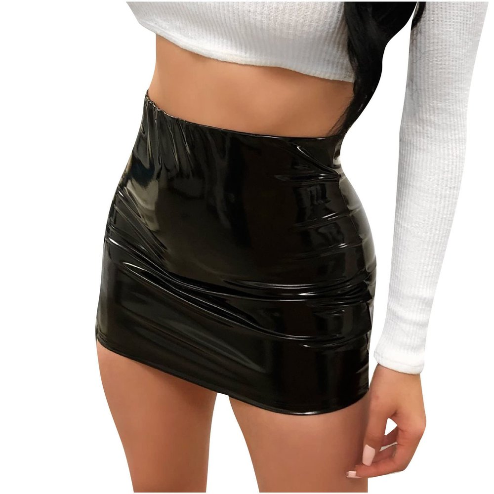 NaRHbrg Micro Mini Skirt for Women Girls Sexy Bright Leather Skirts Bodycon Slim A-line Skirt Evening Party Clubwear Black