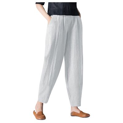Maryia Wide Leg Cotton Blend Casual Pants for Women Elastic Waist Versatile Harem Tapered Trousers Soft Beach Cropped Capris White