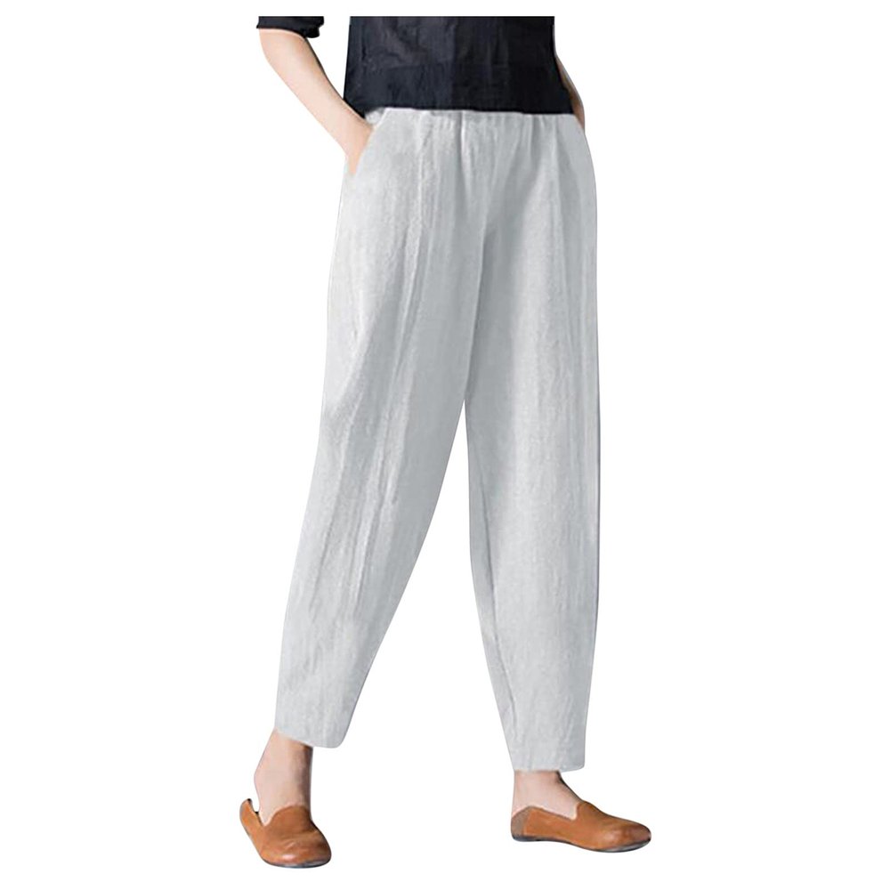 Maryia Wide Leg Cotton Blend Casual Pants for Women Elastic Waist Versatile Harem Tapered Trousers Soft Beach Cropped Capris White