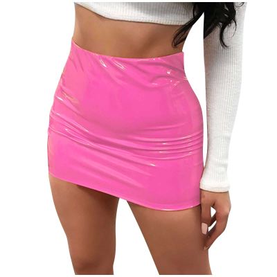 NaRHbrg Micro Mini Skirt for Women Girls Sexy Bright Leather Skirts Bodycon Slim A-line Skirt Evening Party Clubwear Hot Pink