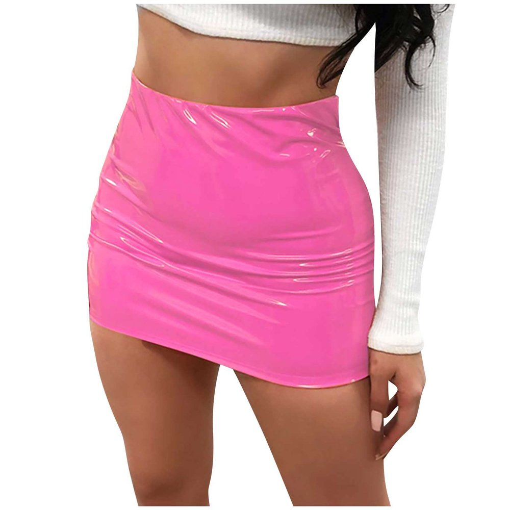 NaRHbrg Micro Mini Skirt for Women Girls Sexy Bright Leather Skirts Bodycon Slim A-line Skirt Evening Party Clubwear Hot Pink