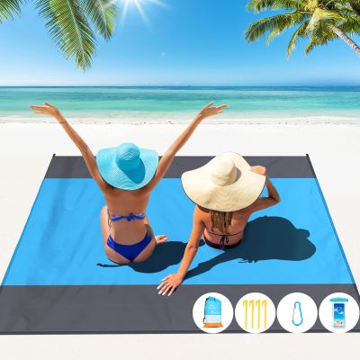Famstar Beach Blanket Oversized Extra Large 10'X 9',Waterproof Sandproof Beach Blanket 2-8 Adults Lightweight Durable for Travel Camping Hiking Picnic (10'X 9', Blue&Grey)