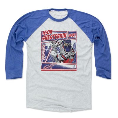 500 LEVEL Igor Shesterkin 3/4 Sleeve T-Shirt (Baseball Tee, X-Large, Royal/Ash) - Igor Shesterkin New York Comic