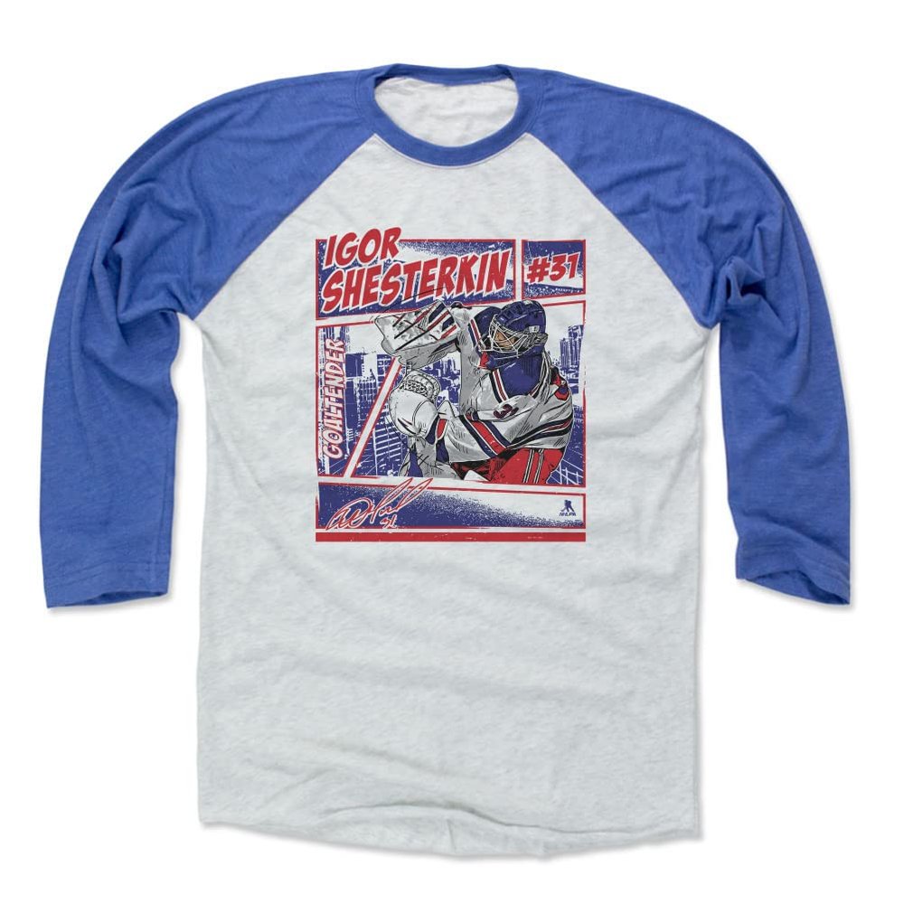 500 LEVEL Igor Shesterkin 3/4 Sleeve T-Shirt (Baseball Tee, X-Large, Royal/Ash) - Igor Shesterkin New York Comic