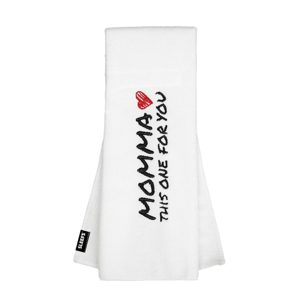 SLEEFS Football Towel - Cotton Quarterback QB Towel for The Football Field - Bi-Fold Hook & Loop Closure - Men/Youth/Boys/Adults - Momma White