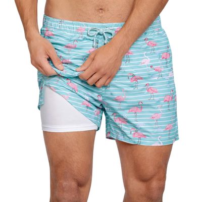 INGEAR Men's Swim Trunks with Compression Liner - 7 Inch Mens Swim Shorts for Swimming, Sports, and Outdoor Activities - Athletic Swimwear Bathing Suit Board Shorts (XX-Large, Stripe Flamingo)