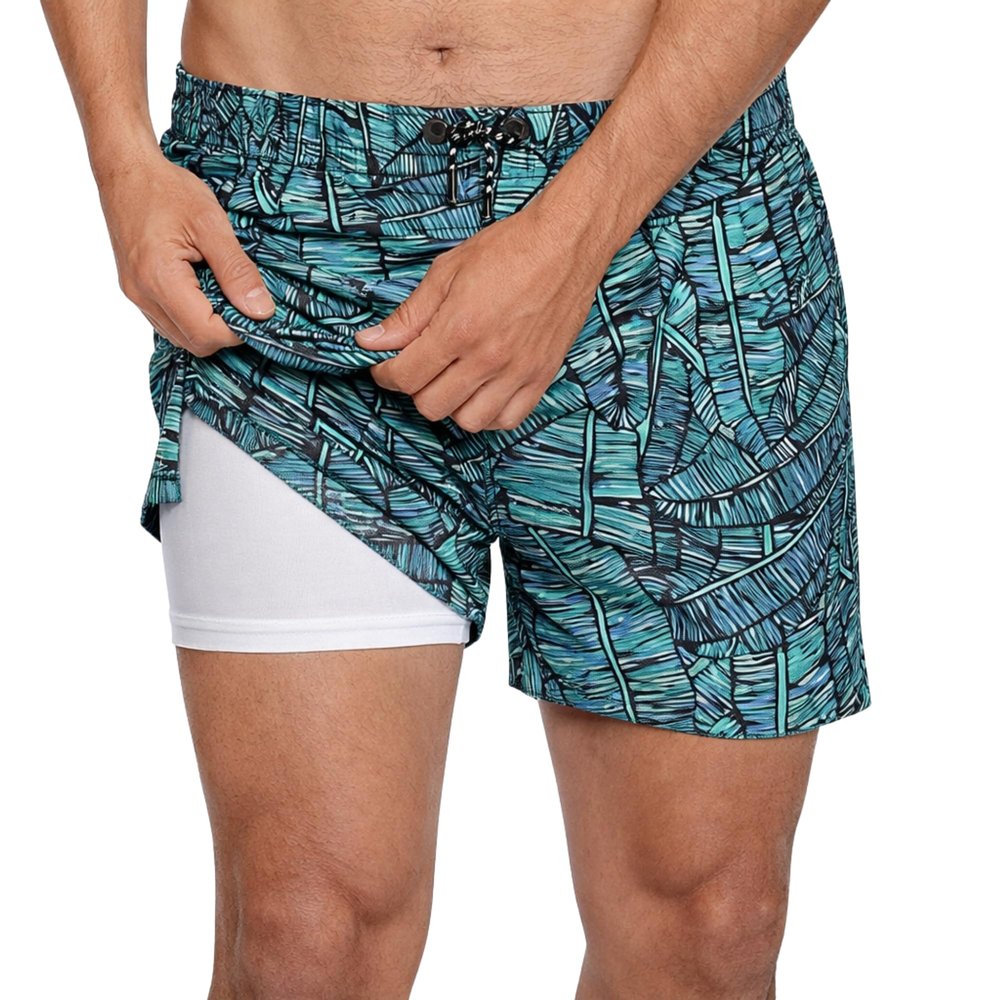 INGEAR Men's Swim Trunks with Compression Liner - 7 Inch Mens Swim Shorts for Swimming, Sports, and Outdoor Activities - Athletic Swimwear Bathing Suit Board Shorts (Medium, Banana Leaf)