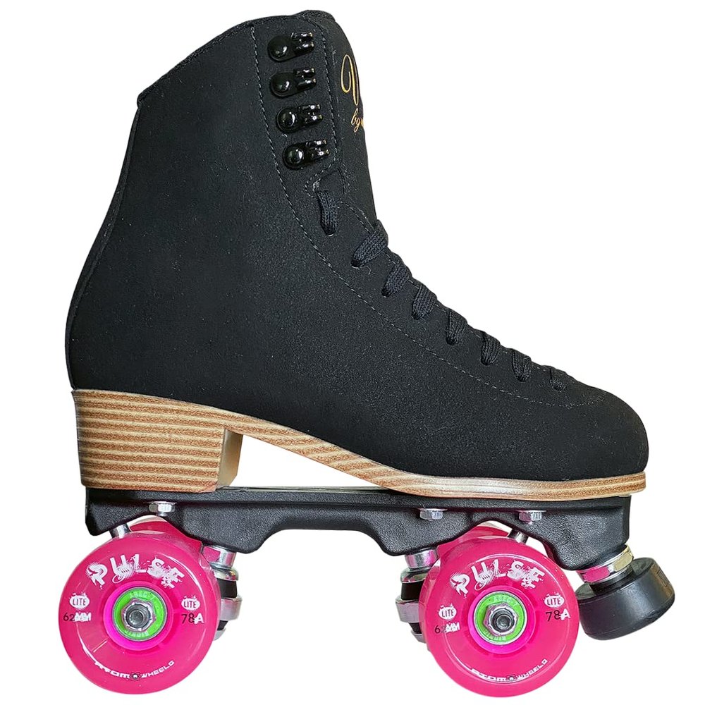 Jackson Ultima Vista Viper Roller Skates for Women and Girls with Pink Atom Pulse Lite Wheels, High Top Suede Quad Skates, (Black)