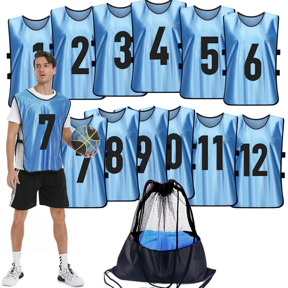 PULUOMASI Scrimmage Training Vest (12 Pack) Team Sports Pinnies Jerseys for Adult Youth Soccer Bibs Numbered Practice Jerseys Blue L