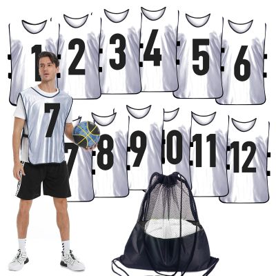 PULUOMASI Scrimmage Training Vest (12 Pack) Team Sports Pinnies Jerseys for Adult Youth Soccer Bibs Numbered Practice Jerseys White XL