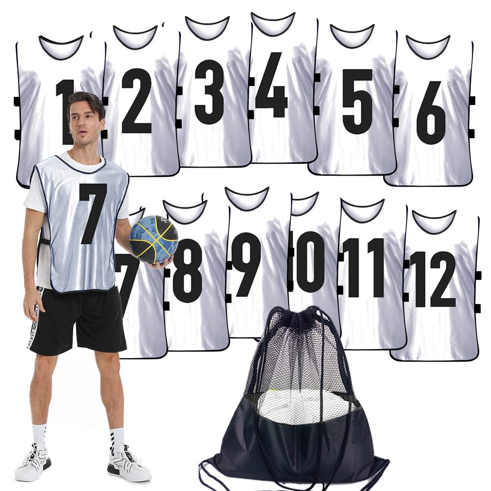 PULUOMASI Scrimmage Training Vest (12 Pack) Team Sports Pinnies Jerseys for Adult Youth Soccer Bibs Numbered Practice Jerseys White XL