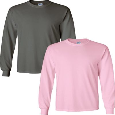 Gildan Men's Heavy Cotton Long Sleeve (2-Pack) LRG-Charcoal/LightPink