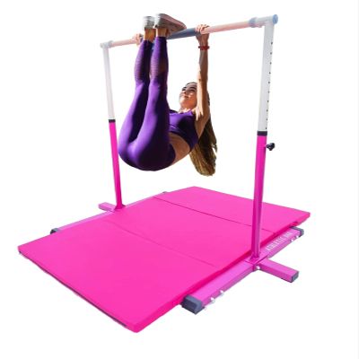 Athletic Bar Gymnastics Bar Kip Bar for Kids with 6'x4' Tumble Gymnastics Mat Set, Adjustable Height 3 to 5 FT Horizontal Bar Professional Junior Gymnast Gymnastic Bar, Expandable Asymmetric Bar Pink