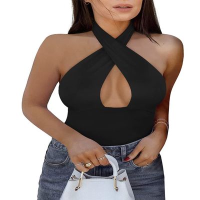 REORIA Women's Sexy Criss Cross Halter Neck Sleeveless Party Club Night Going Out Thong Bodysuits Tops Black Large