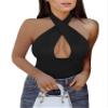 REORIA Women's Sexy Criss Cross Halter Neck Sleeveless Party Club Night Going Out Thong Bodysuits Tops Black Large view 1