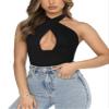 REORIA Women's Sexy Criss Cross Halter Neck Sleeveless Party Club Night Going Out Thong Bodysuits Tops Black Large view 2