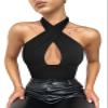 REORIA Women's Sexy Criss Cross Halter Neck Sleeveless Party Club Night Going Out Thong Bodysuits Tops Black Large view 3