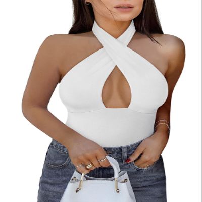 REORIA Women's Sexy Criss Cross Halter Neck Sleeveless Party Club Night Going Out Thong Bodysuits Tops White Small