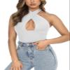 REORIA Women's Sexy Criss Cross Halter Neck Sleeveless Party Club Night Going Out Thong Bodysuits Tops White Small view 2