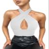 REORIA Women's Sexy Criss Cross Halter Neck Sleeveless Party Club Night Going Out Thong Bodysuits Tops White Small view 3