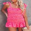 chouyatou Women's Summer Floral Spaghetti Strap Square Neck Ruffle Tie Mini Smocked Dress (Medium, Hot Pink) view 2