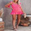 chouyatou Women's Summer Floral Spaghetti Strap Square Neck Ruffle Tie Mini Smocked Dress (Medium, Hot Pink) view 4