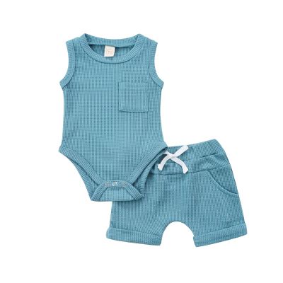 Muasaaluxi Newborn Baby Boys Outfits Sleeveless Romper Tank Tops Solid Color Jogger Shorts 2Pcs Waffle Summer Clothes (Blue, 6-12 Months)