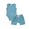 Muasaaluxi Newborn Baby Boys Outfits Sleeveless Romper Tank Tops Solid Color Jogger Shorts 2Pcs Waffle Summer Clothes (Blue, 6-12 Months) view 1