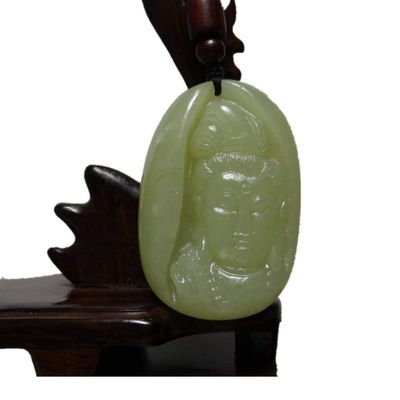 2" China Certified Nature Hetian Nephrite Jade Blessing Guanyin Hand Carved Necklace Pendant 2388