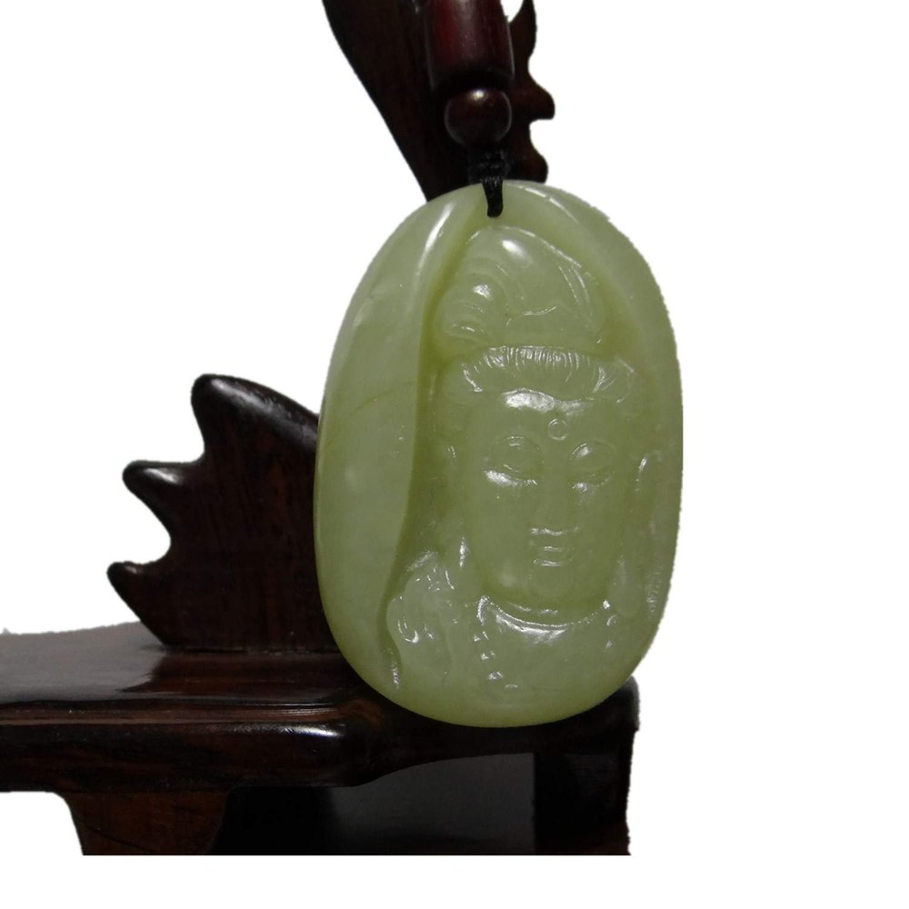 2" China Certified Nature Hetian Nephrite Jade Blessing Guanyin Hand Carved Necklace Pendant 2388