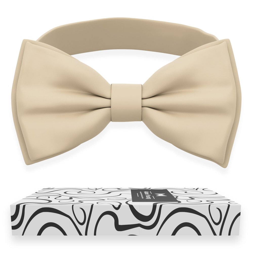 Adam Young Men's Beige Bow Tie Pre-Tied Style Formal Satin Classic Bowtie for Tuxedo Faux Silk (Large, Champagne)