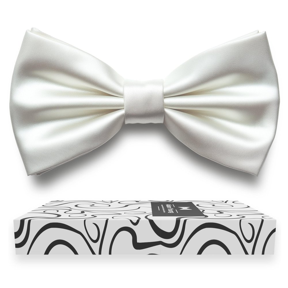 Adam Young Boy's White Bow Tie Pre-Tied Style Formal Satin Classic Bowtie for Tuxedo Faux Silk (Medium, White)