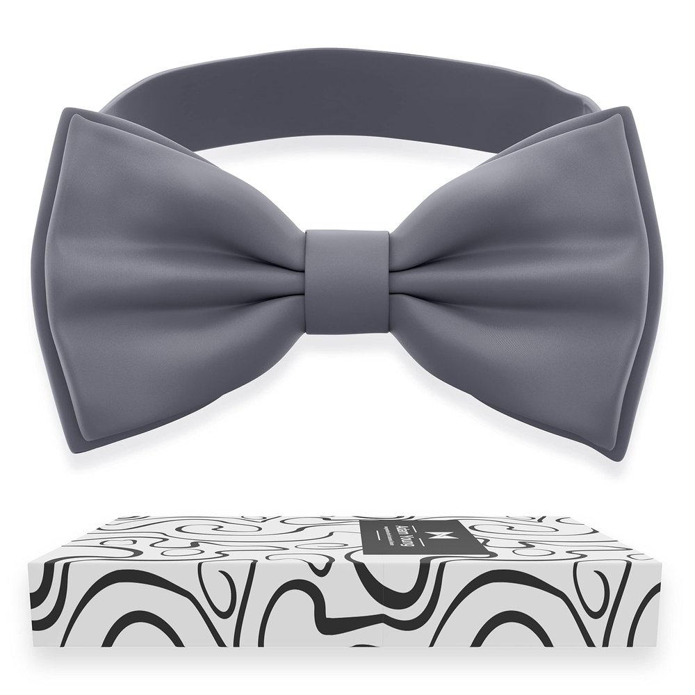 Adam Young Men's Gray Bow Tie Pre-Tied Style Formal Satin Classic Bowtie for Tuxedo Faux Silk (Large, Slate Grey)
