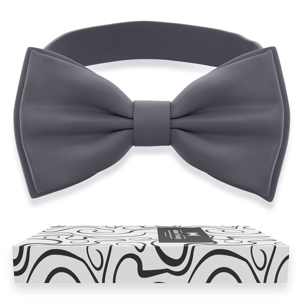 Adam Young Men's Gray Bow Tie Pre-Tied Style Formal Satin Classic Bowtie for Tuxedo Faux Silk (Large, Grey Fog)