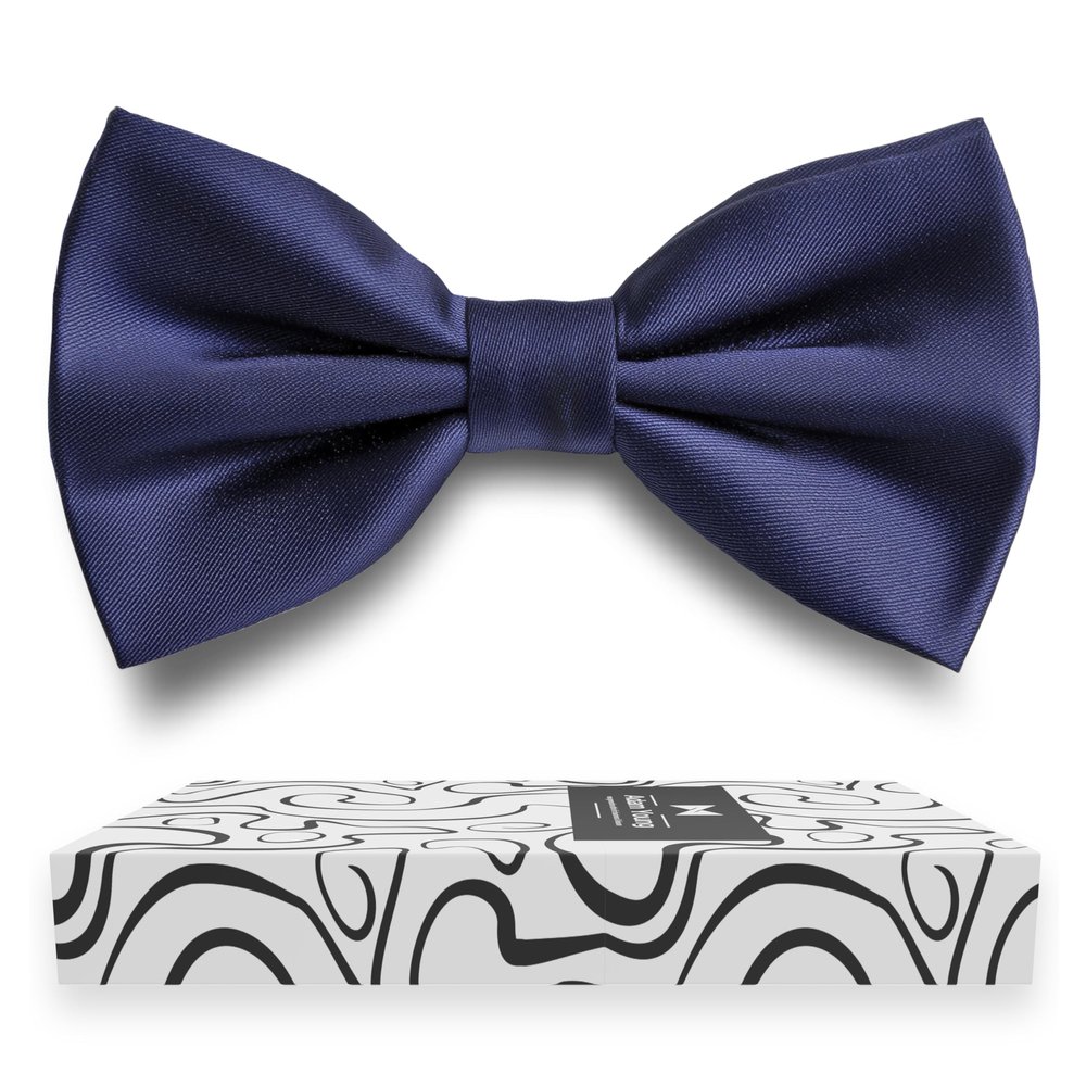 Adam Young Men's Navy Blue Bow Tie Pre-Tied Style Formal Satin Classic Bowtie for Tuxedo Faux Silk (Large, Navy Blue)