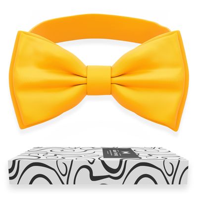 Adam Young Men's Bright Yellow Bow Tie Pre-Tied Style Formal Satin Classic Bowtie for Tuxedo Faux Silk (Large, Merigold Yellow)