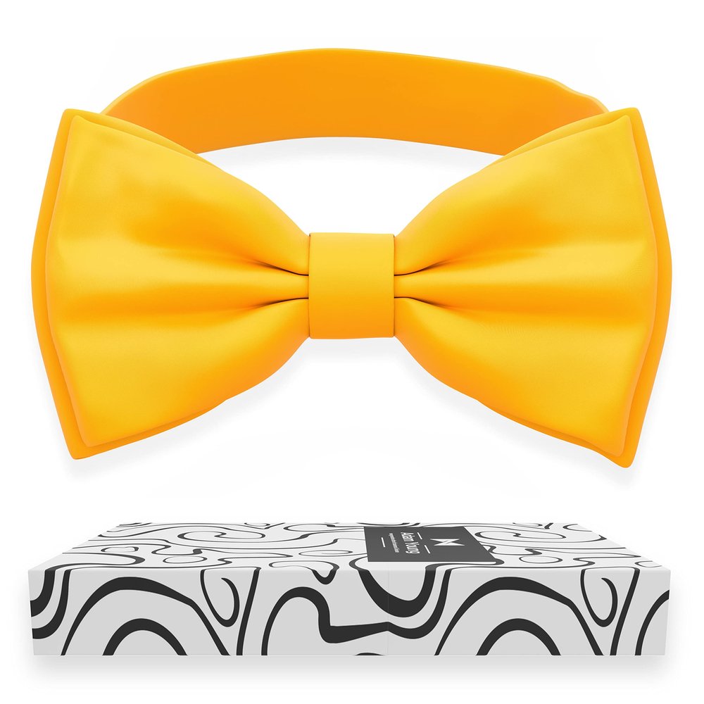 Adam Young Men's Bright Yellow Bow Tie Pre-Tied Style Formal Satin Classic Bowtie for Tuxedo Faux Silk (Large, Merigold Yellow)