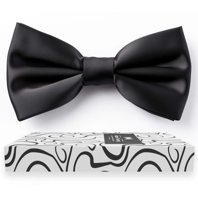 Adam Young Men's Black Bow Tie Pre-Tied Style Formal Satin Classic Bowtie for Tuxedo Faux Silk (Large, Black)