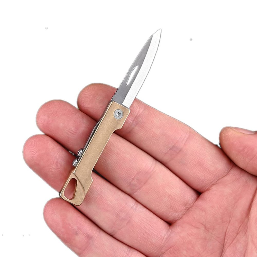 KUNSON Ultra Small Little Folding Pocket Brass Knife, Special High Carbon Alloy Steel Blade Brass Handle, Mini EDC Portable Knife, Ultra Compact and Lightweight (Pointy head)