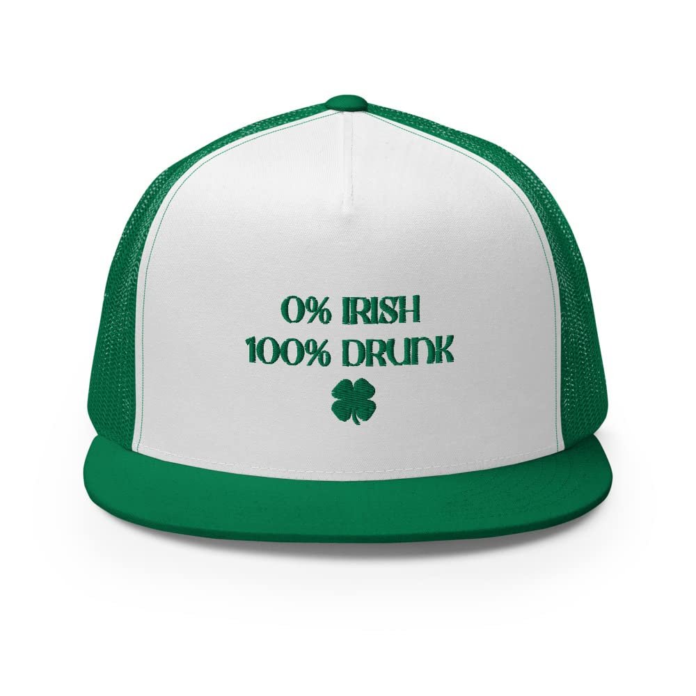 0% Irish 100% Drunk Embroidered Trucker Hat - Funny St. Patrick's Day Hat - Irish Shamrock Hat