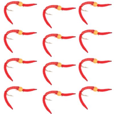 The Fly Fishing Place Trout Nymph Fly - San Juan Worm Power Bead One Dozen Orange Bead Red V-Rib Hook Size 14 - Set of 12 Nymph Wet Flies