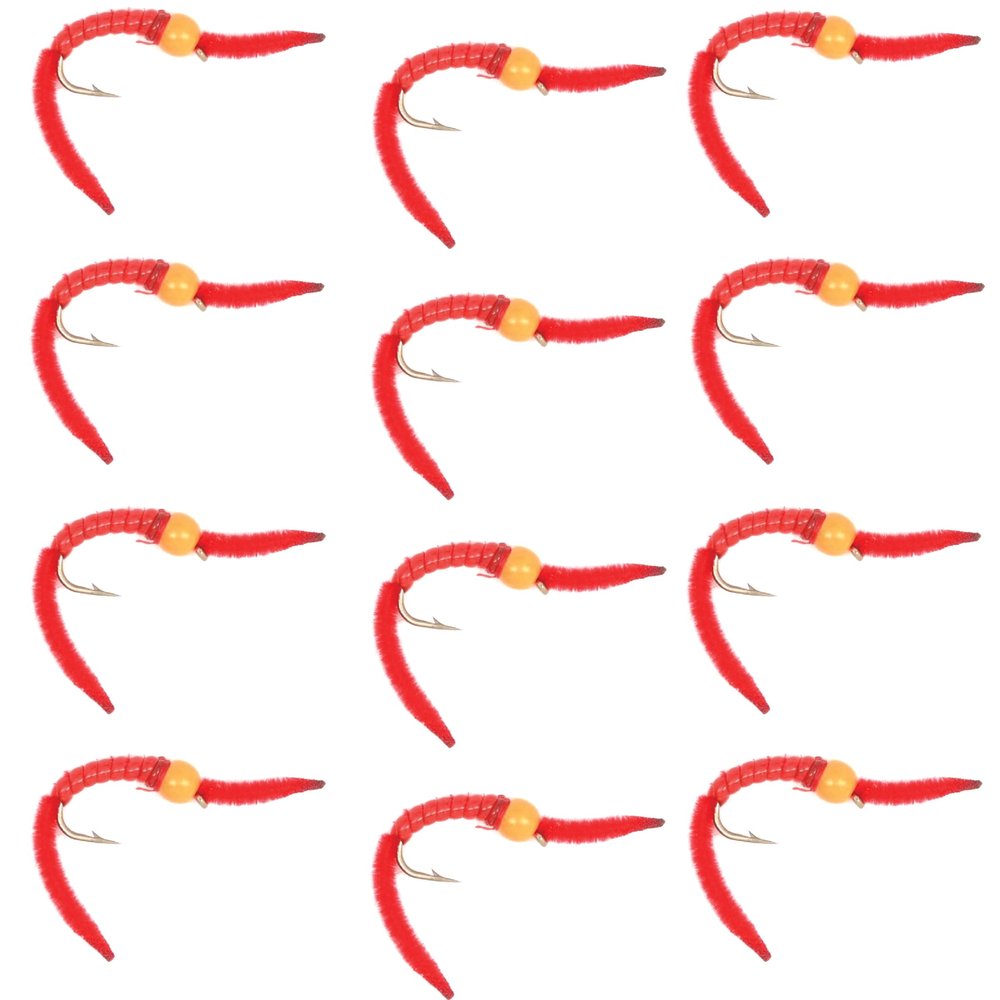 The Fly Fishing Place Trout Nymph Fly - San Juan Worm Power Bead One Dozen Orange Bead Red V-Rib Hook Size 14 - Set of 12 Nymph Wet Flies
