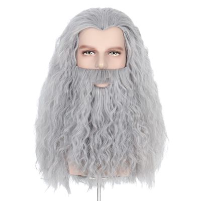 Yan Dream Grey Men Long Curly Hair Wig with Beard, Heat Resistant Synthetic, Classic Style, Adult Men's Cosplay Wig