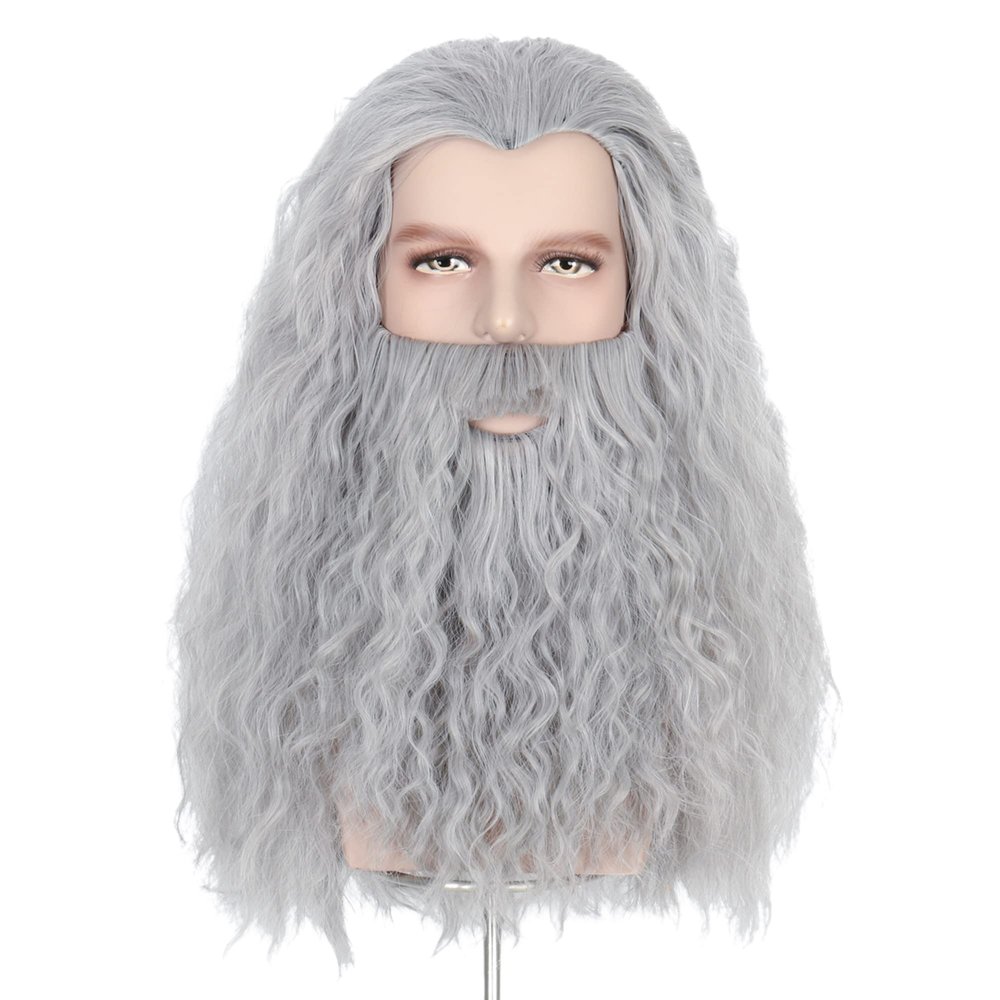 Yan Dream Grey Men Long Curly Hair Wig with Beard, Heat Resistant Synthetic, Classic Style, Adult Men's Cosplay Wig